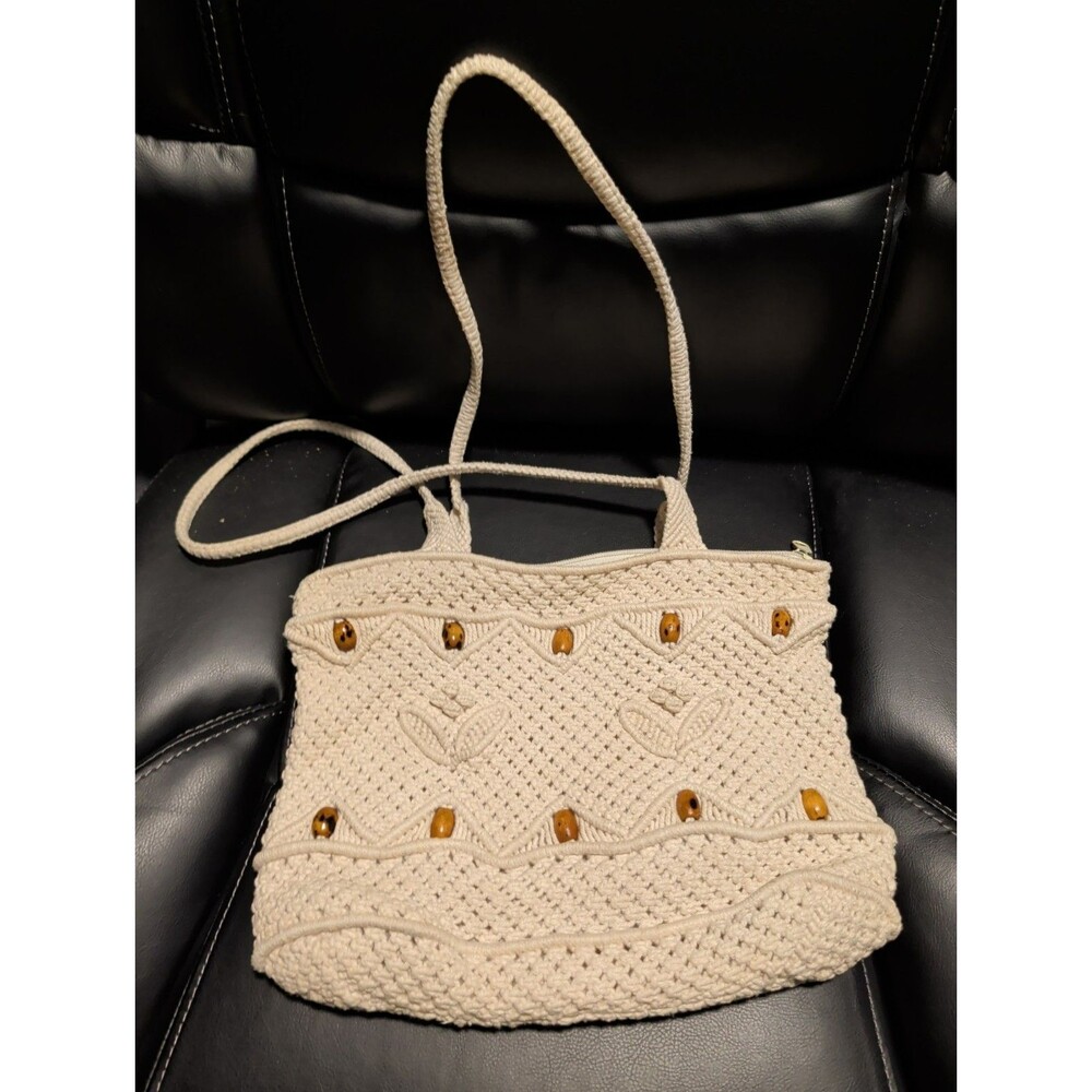 Vintage 70s 80s Macrame Handbag Cream Crochet Wood Beads Boho Peoples...